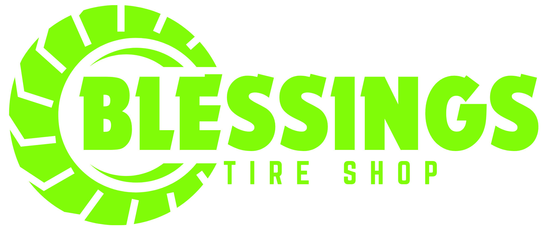 A green and white logo for blessings tire shop.