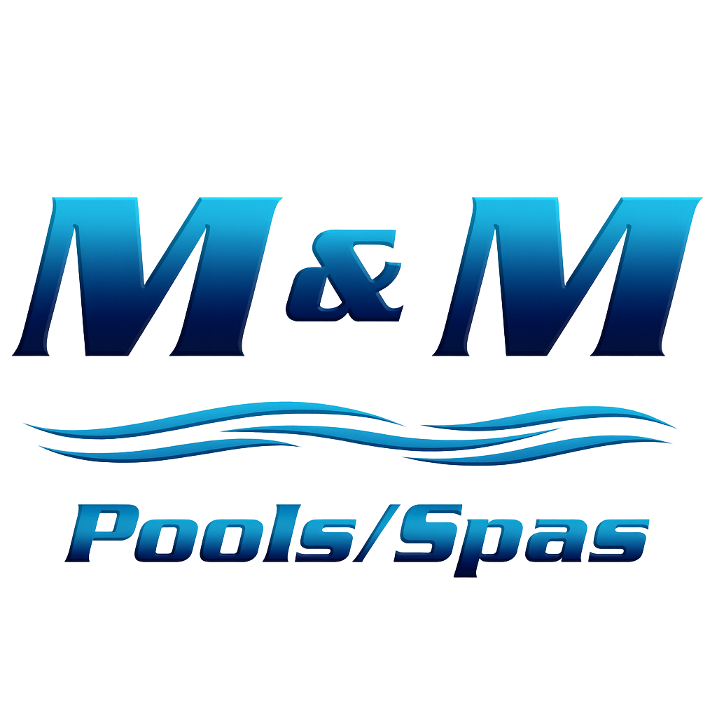 Logo for M & M Pools/Spas: Blue text, wavy lines, and ampersand.