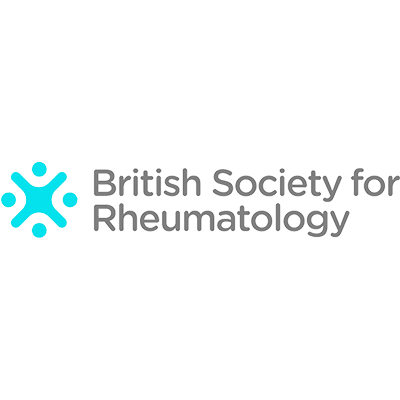 the logo for the british society for rheumatology is blue and white .