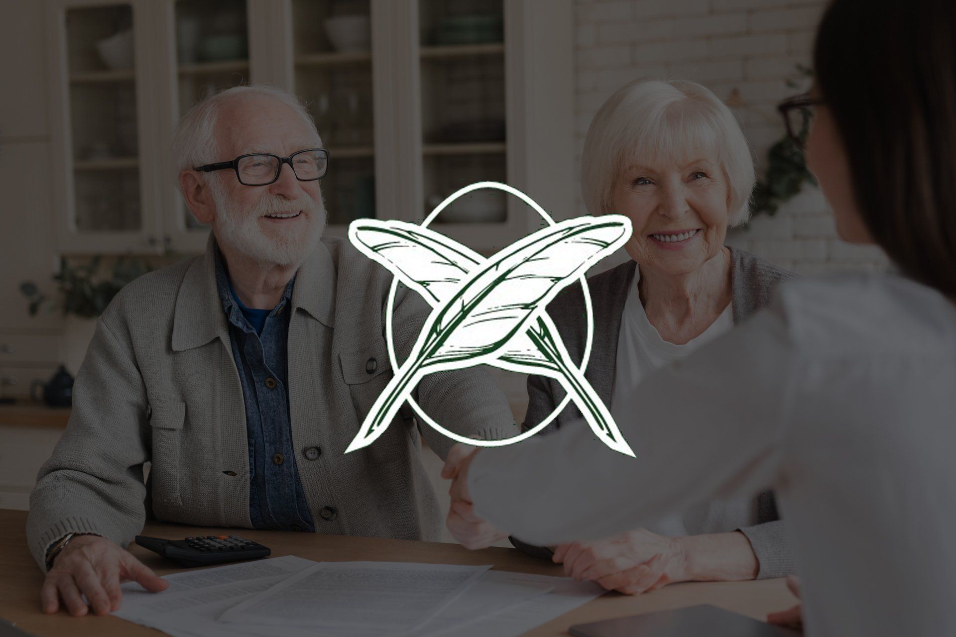 an elderly couple is sitting at a table talking to a woman .