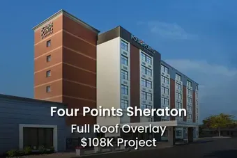 Four Points Sheraton hotel. Red brick and white building with text overlay: