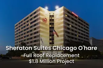 Sheraton Suites Chicago O'Hare hotel exterior at dusk, text: