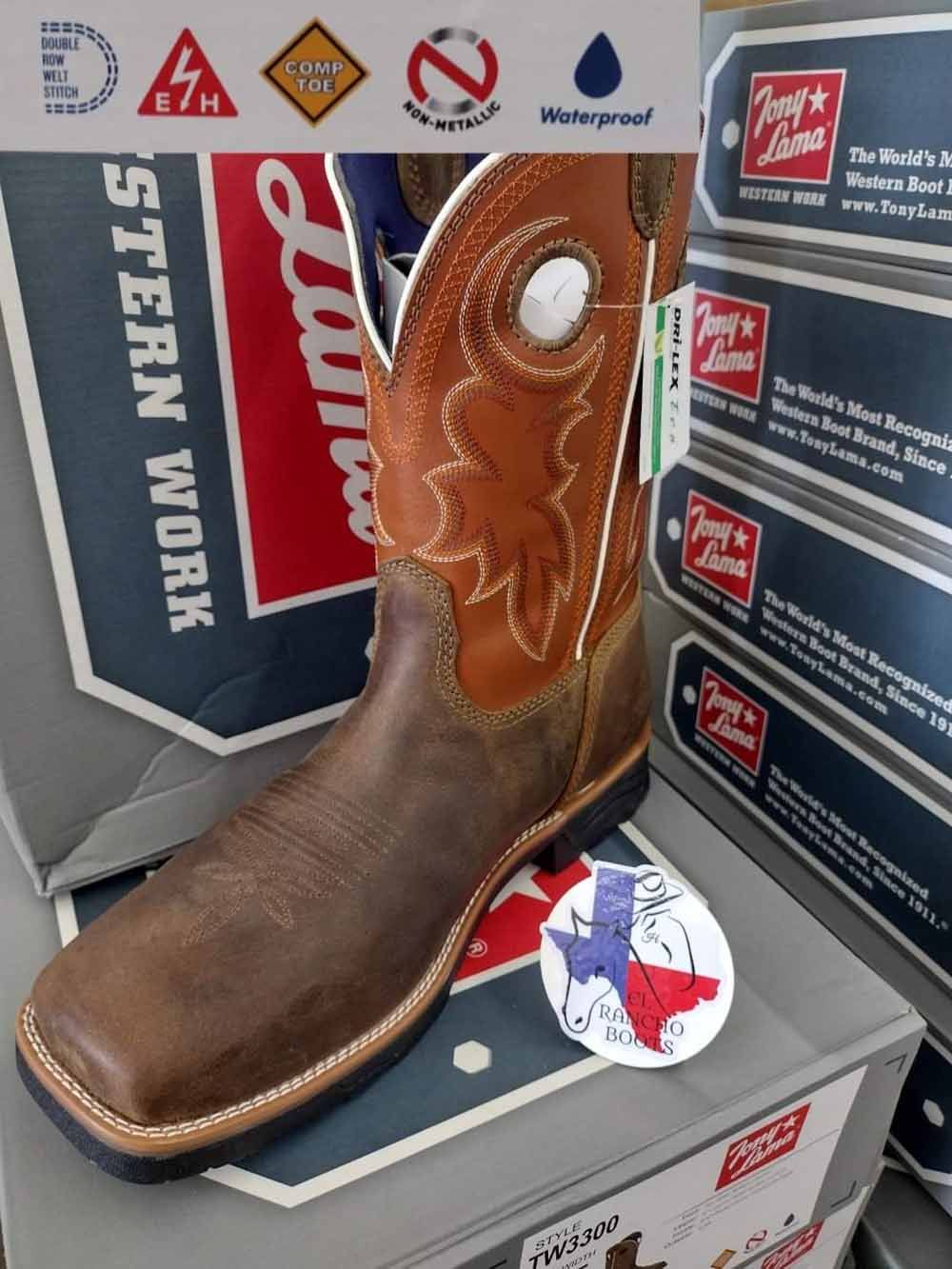 Brown cowboy boot with tan stitched shaft displayed on a box, with a red and blue Western-themed backdrop.