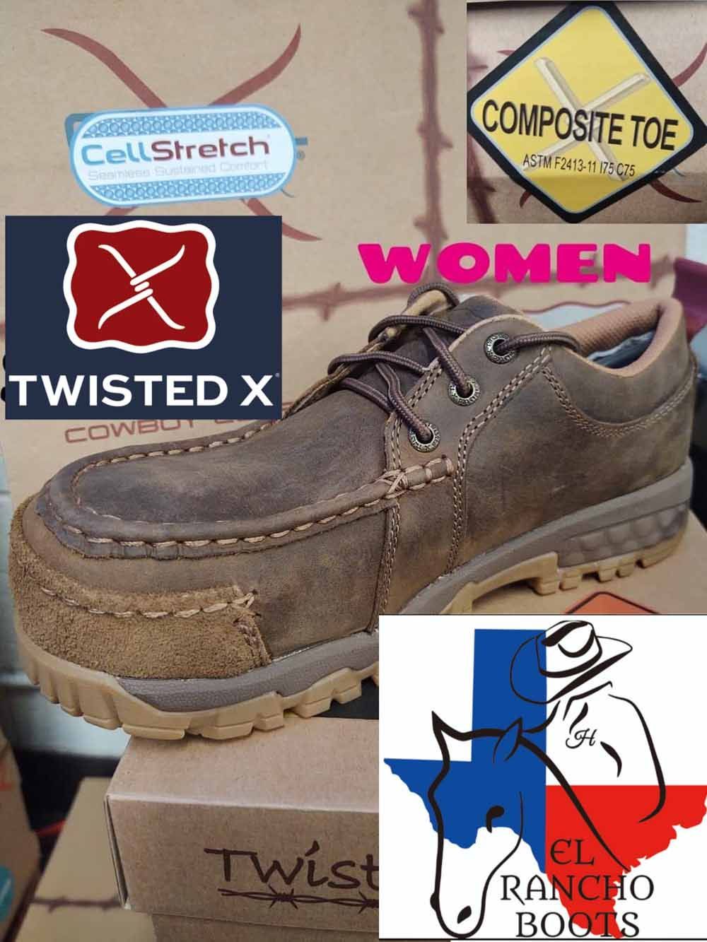 Brown Twisted X women’s composite toe work shoe with CellStretch sole, shown in product collage