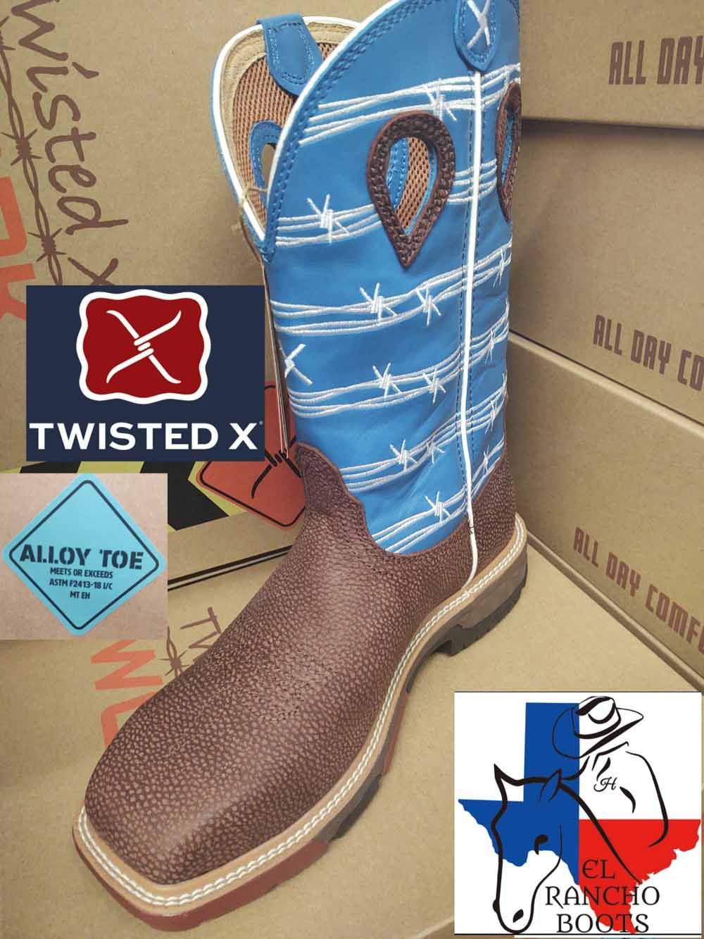 Twisted X brown western boot with blue plaid shaft and logos, shown in a product display box.