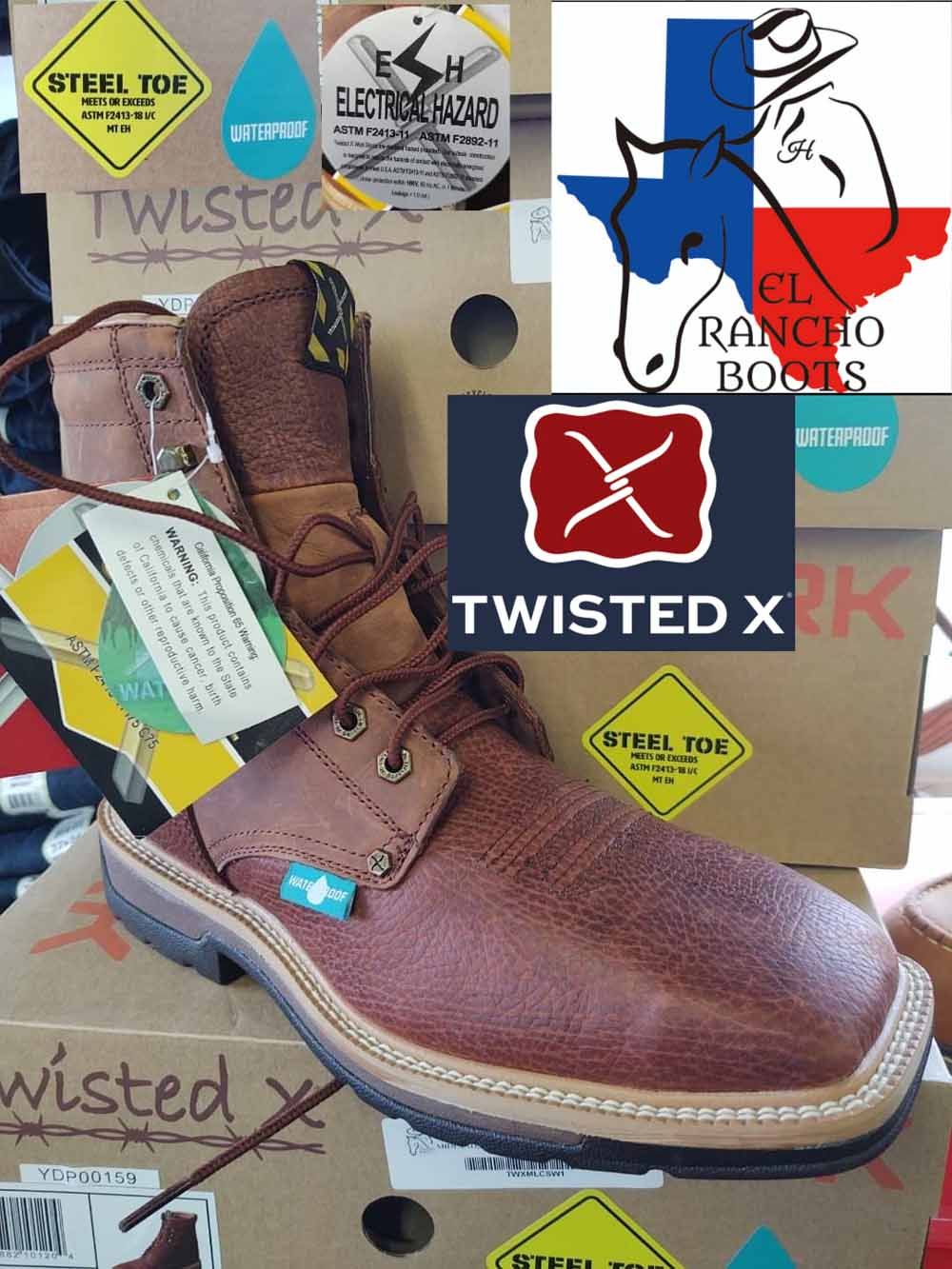 Brown Twisted X boot on a box, with brand labels and logos in the background