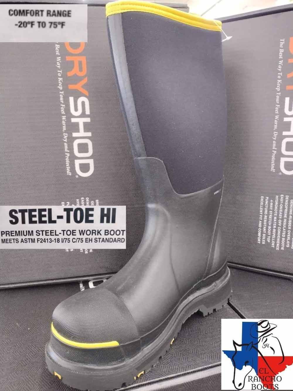 Black steel-toe work boot with yellow trim, shown in front of its product box.