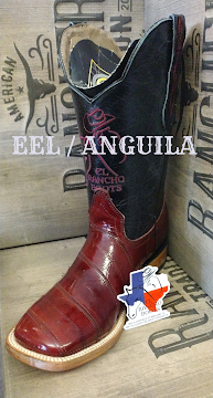 Red and black cowboy boot with white star logo, displayed against a patterned backdrop.