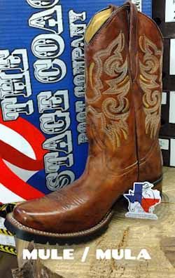 Brown western cowboy boot with white stitching and red star, displayed beside Spanish text "MULE / MULA"