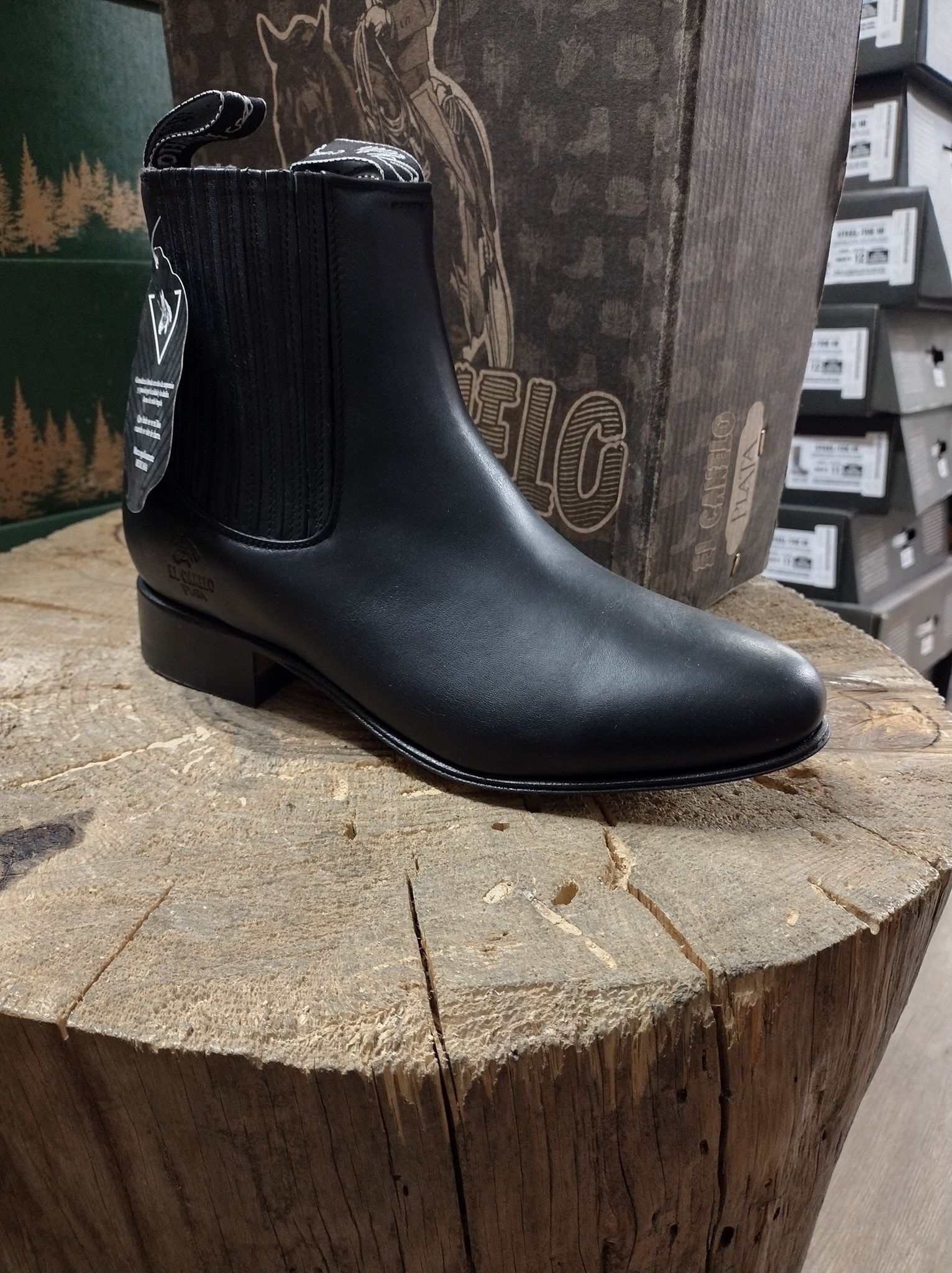 Black ankle boot on a cut tree stump in a shop display.