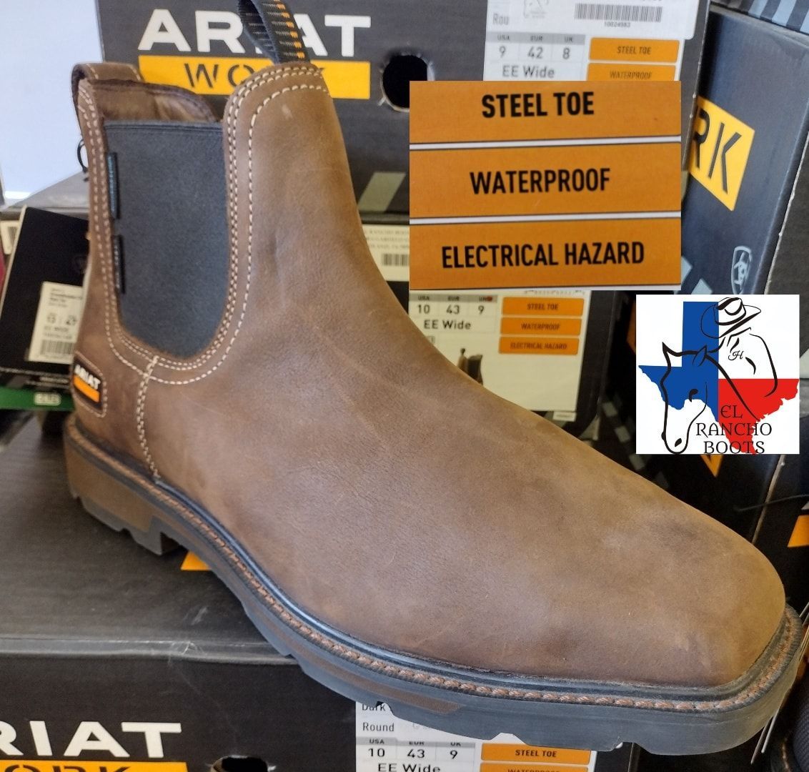 Brown Ariat work boot with steel toe and waterproof labels on a store shelf