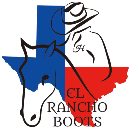 Logo of El Rancho Boots with a cowboy outline over Texas flag colors and a horse head silhouette