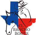 Logo of a cowboy hat, horse head, and Texas flag with “El Rancho Boots” text