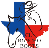 Logo of a cowboy hat, horse head, and Texas flag with “El Rancho Boots” text
