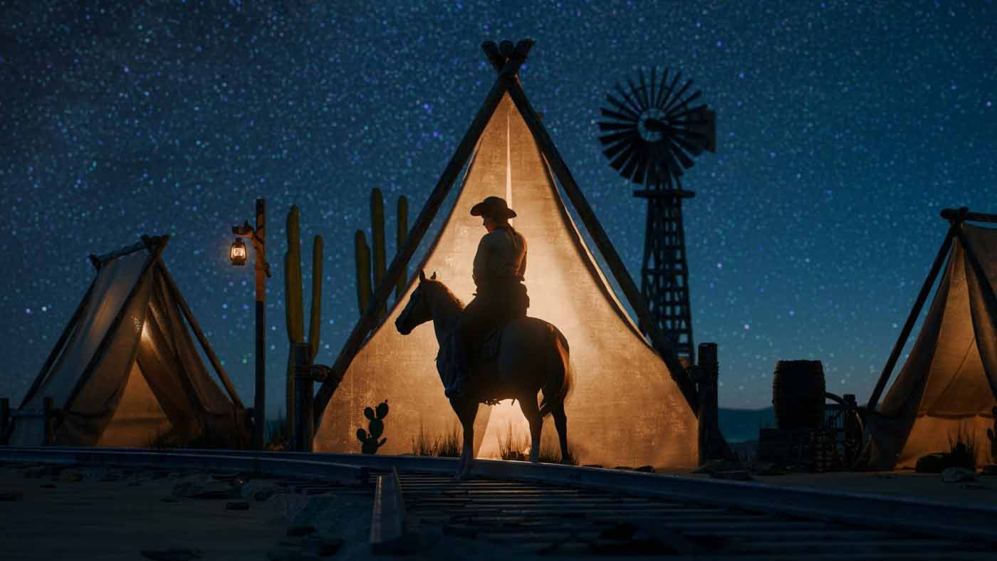 Silhouetted horse and rider before glowing teepee tents at night, with a windmill in the background