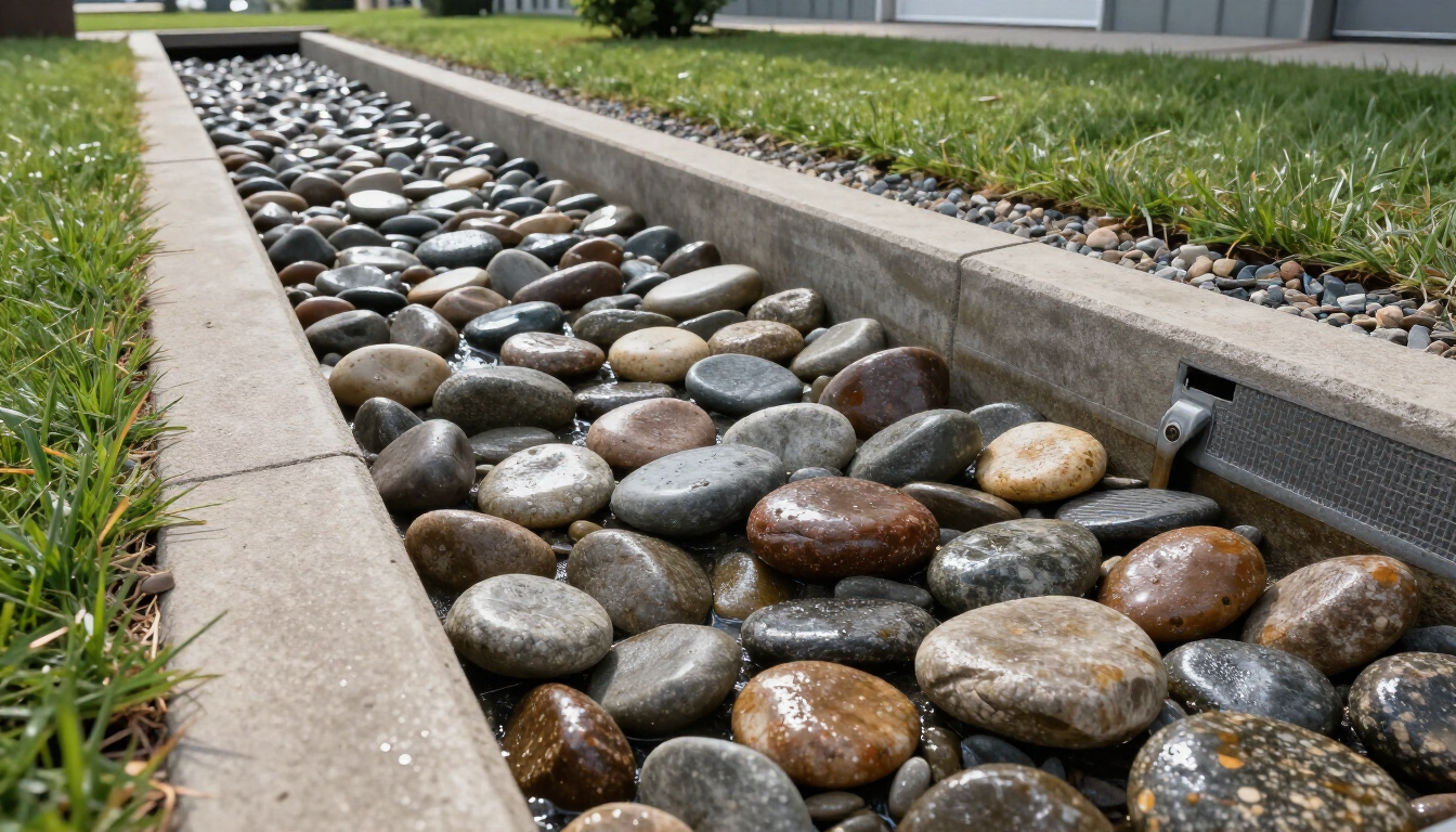 Rock-lined drainage channel beside a sidewalk and grass strip