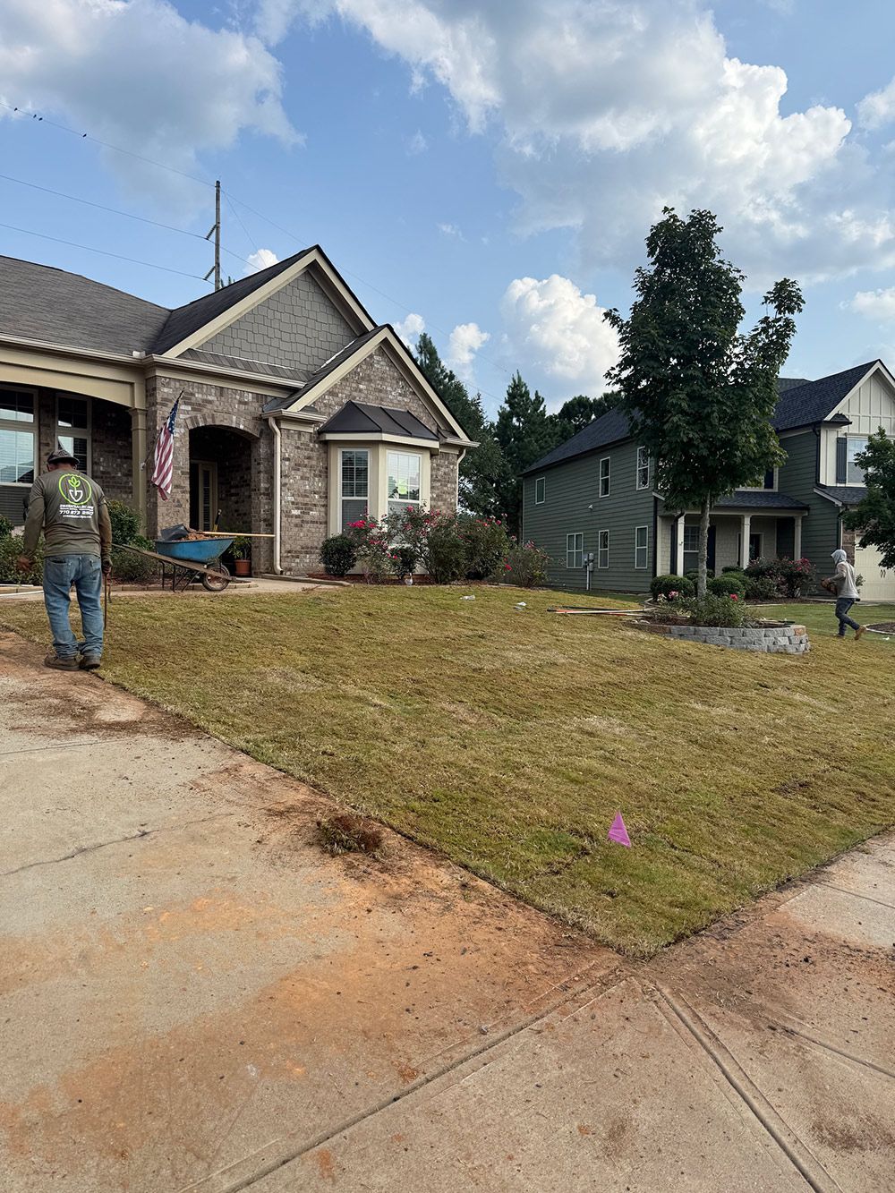 Lawn care in progress in front of brick houses. Brown grass, a worker, and a clear sky.