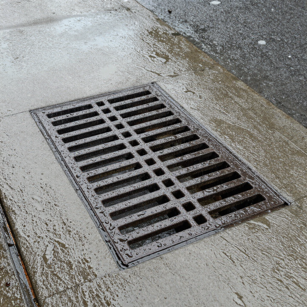 Rectangular metal storm drain grate set into wet concrete pavement.