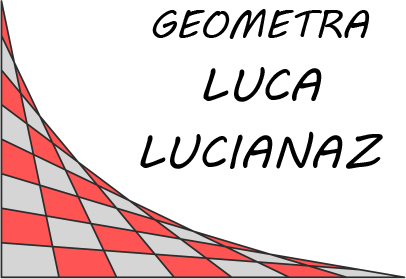 Testo con la scritta “GEOMETRA LUCA LUCIANAZ” su uno sfondo geometrico rosso, grigio e bianco.