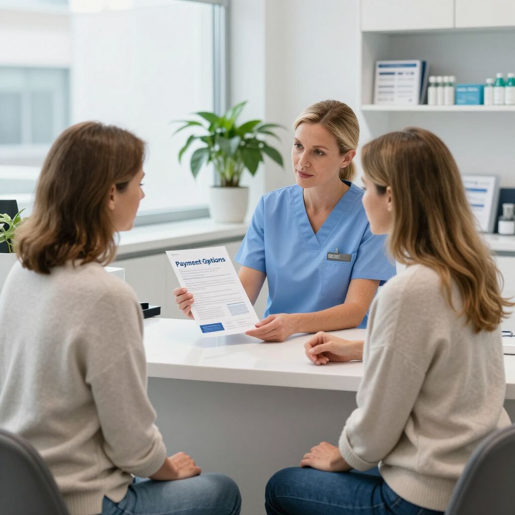 A healthcare provider reviews paperwork with two patients in an office setting.