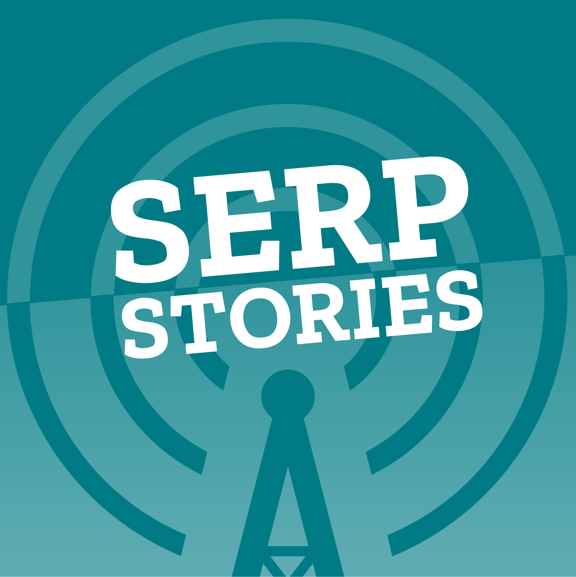 SERP STORIES podcast logo: white text on turquoise, radio tower graphic.