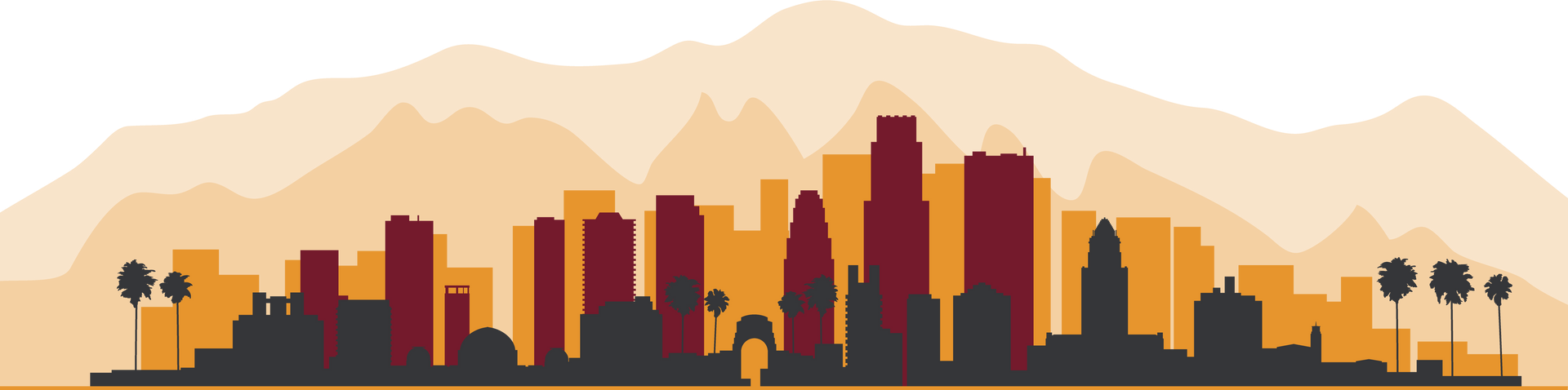 Silhouette of a cityscape with mountains in the background, in shades of brown and orange.