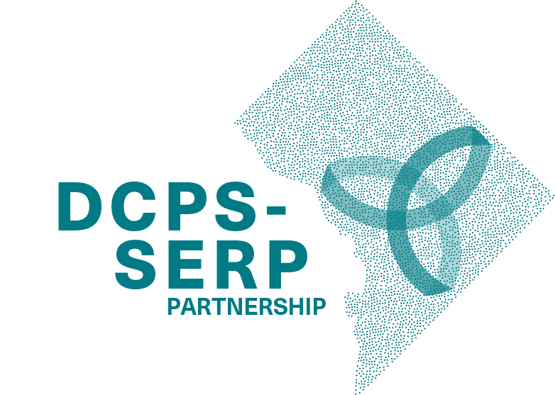 DCPS-SERP partnership logo. Teal text and swirling ribbon shape within a dotted shape of the District of Columbia.