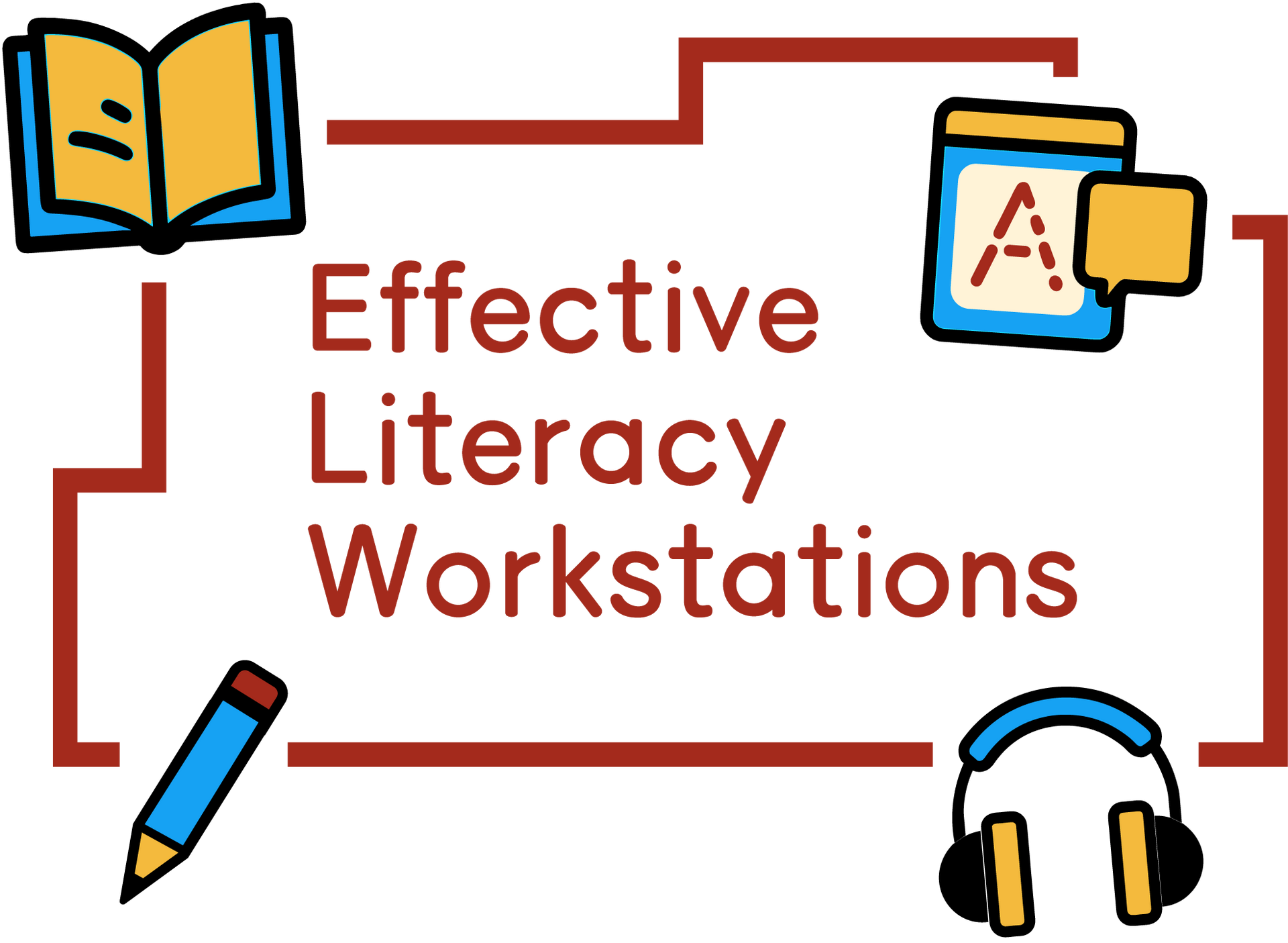Graphic for literacy workstations. Includes a book, writing, tablet, headphones and pencil.