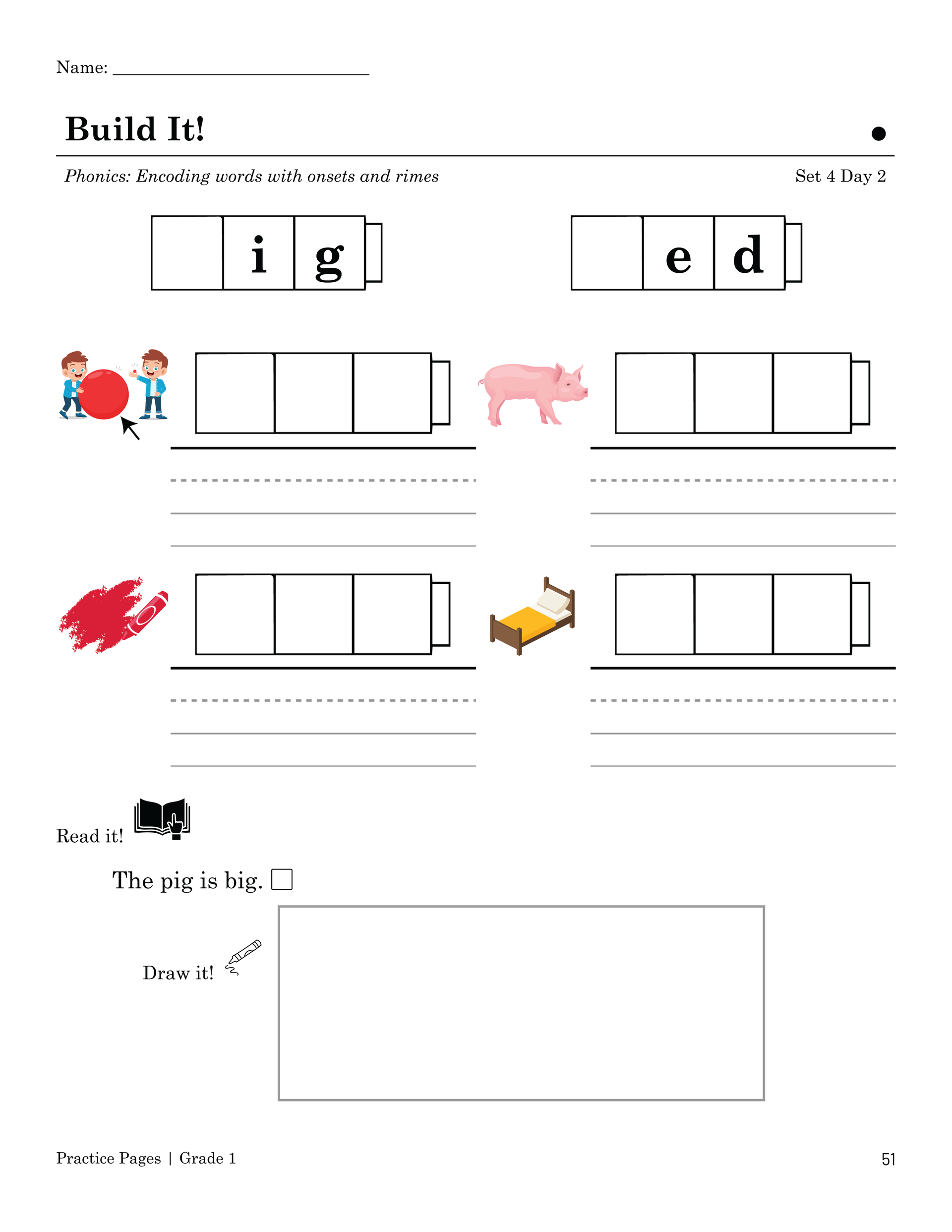 Worksheet: Building words. Illustrations of a ball, pig, paint splash, bed.
