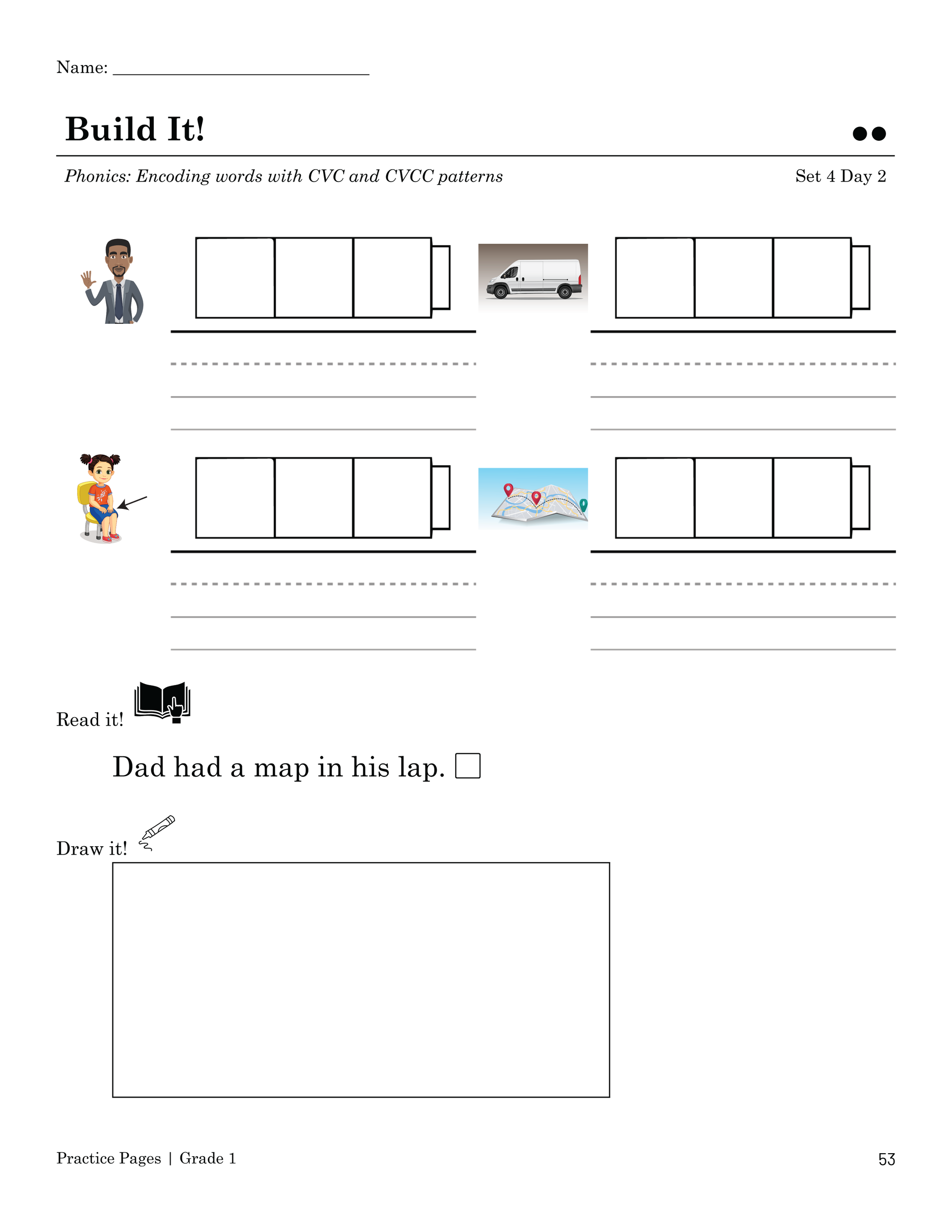 Worksheet: matching words with objects; includes images of people, a truck, and a boat.