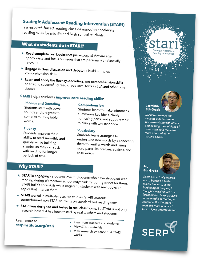 Flyer for Strategic Adolescent Reading Intervention (STARI) program with lists, descriptions, and staff photos.