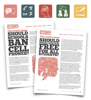 Two newsletters. One discusses banning cell phones; the other, free school meals. Colored icons on top.