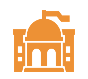 Orange icon of a building with a dome and flag, likely a government or public structure.