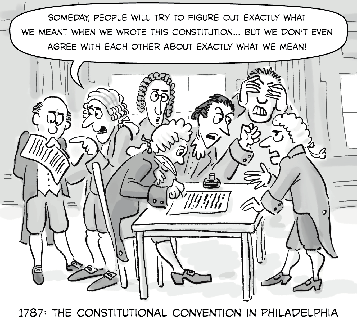 Cartoon of the Constitutional Convention. Men in colonial attire argue around a table in Philadelphia, 1787.
