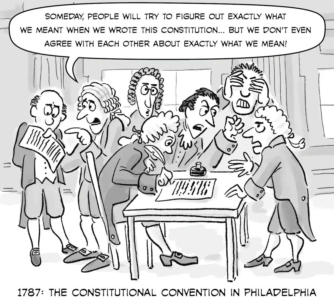 Cartoon of Constitutional Convention members debating; quote bubble above: 