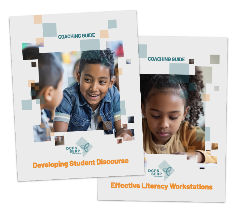 Two coaching guides: Developing Student Discourse and Effective Literacy Workstations. Students are shown in both covers.
