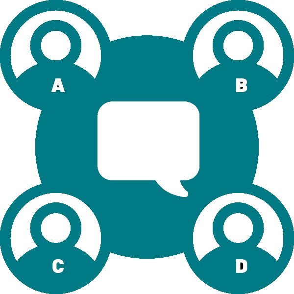 Four people (A, B, C, D) connected to a central speech bubble via a teal circle.
