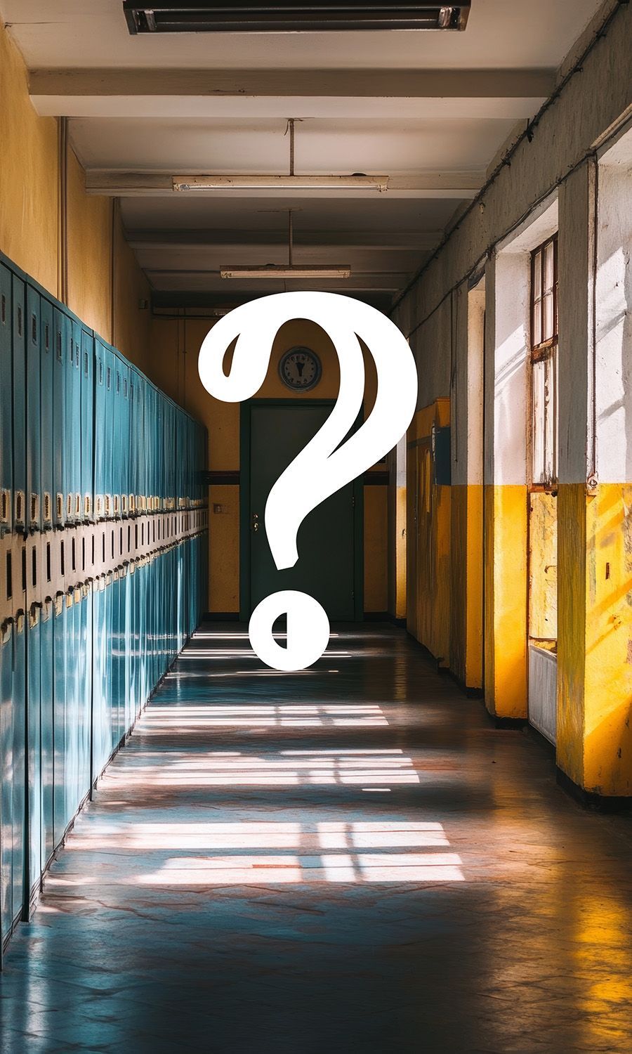 School hallway with lockers on the left and windows on the right, with a large question mark overlayed.