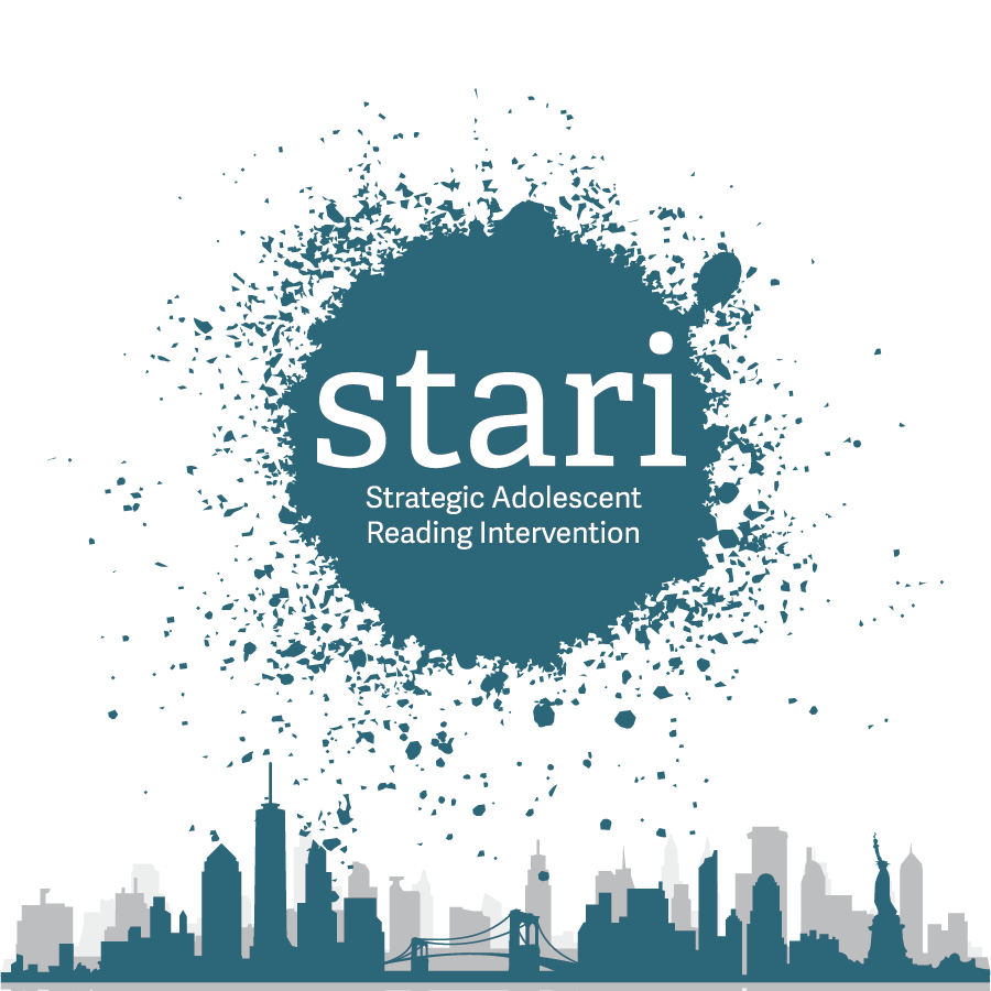 Logo for STARI (Strategic Adolescent Reading Intervention), with teal splatter, city skyline.