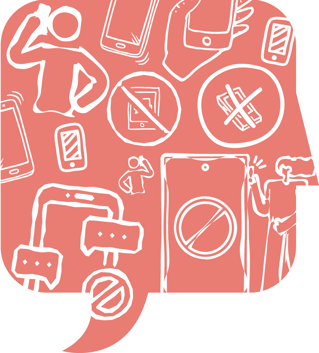 Silhouette head filled with phone icons, no-phone symbols, and people using phones; coral background.