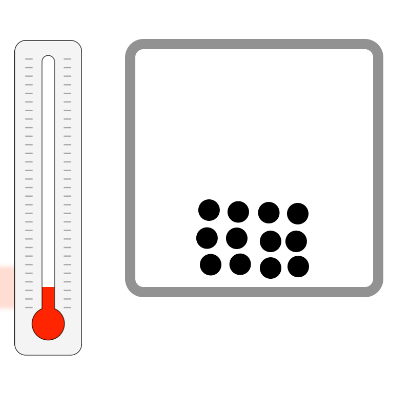 Thermometer with rising red level next to a gray box with nine black dots.