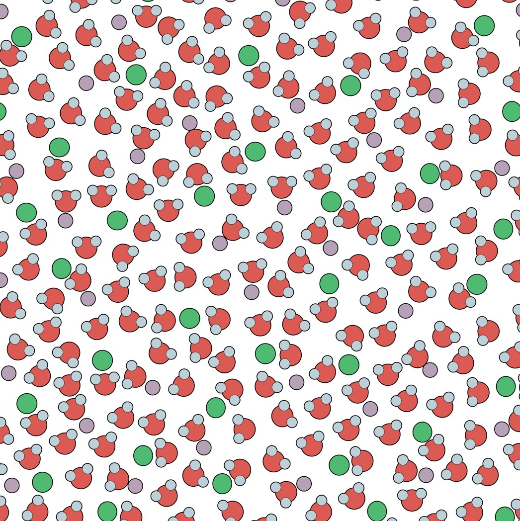 Animated depiction of water molecules (red and white) and ions (green and purple) in a solution.