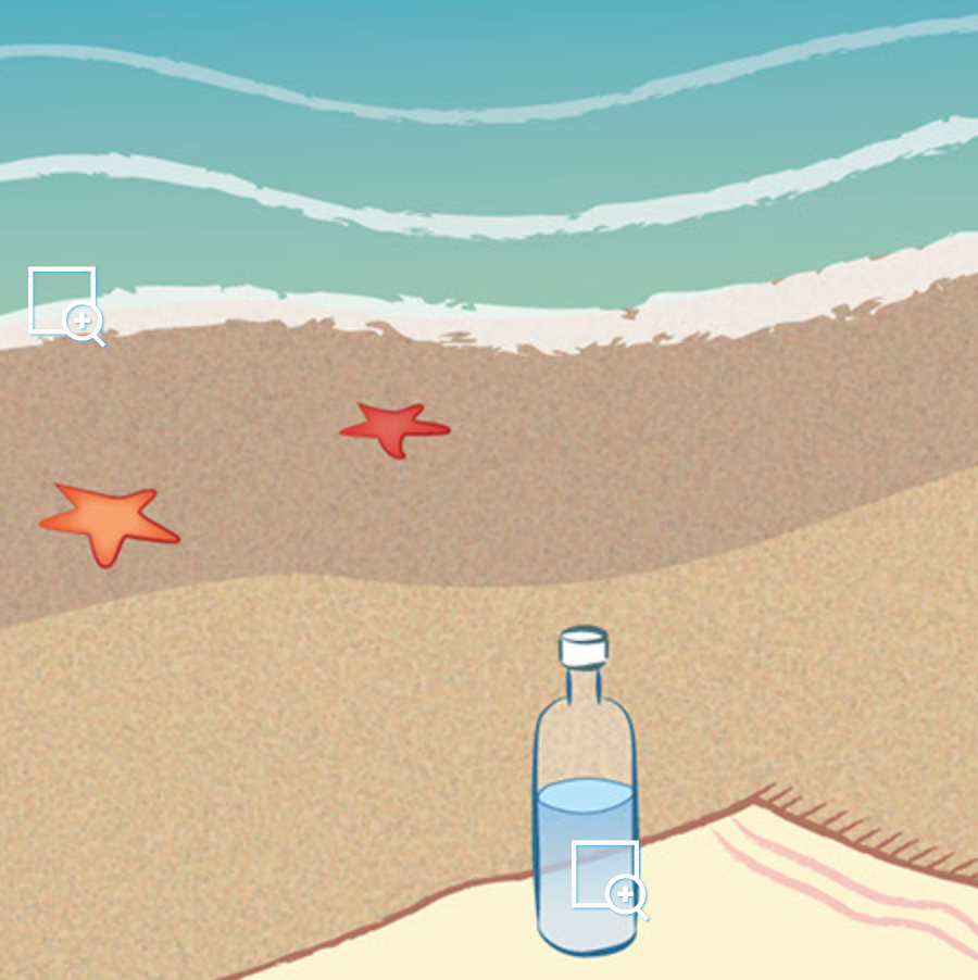 Beach scene: water bottle on a towel, two starfish on the sand, ocean waves in the background.