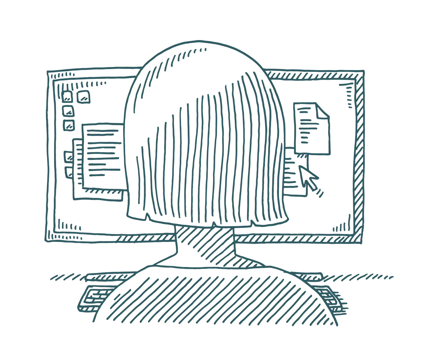 Person with short hair at a computer, looking at the screen with documents and icons.