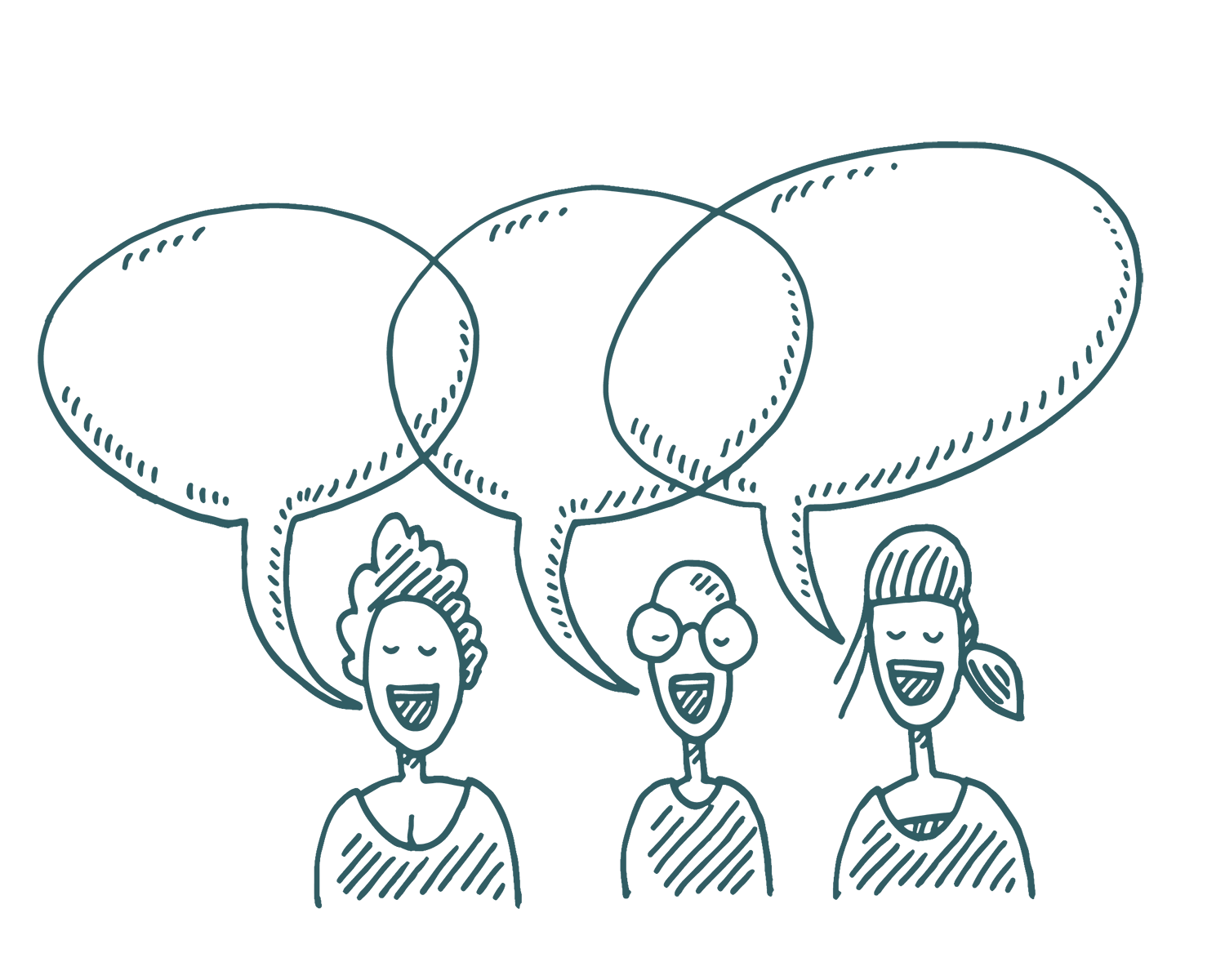Three people talking with speech bubbles.