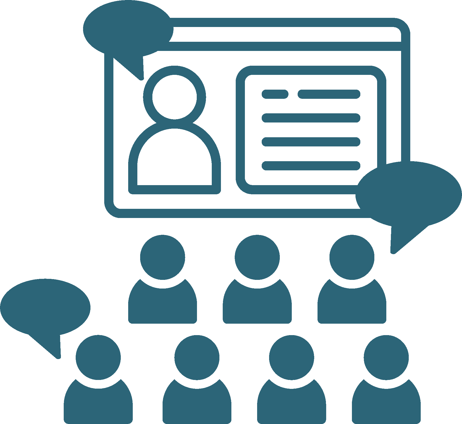 Online meeting with presenter and audience, speech bubbles indicate discussion.