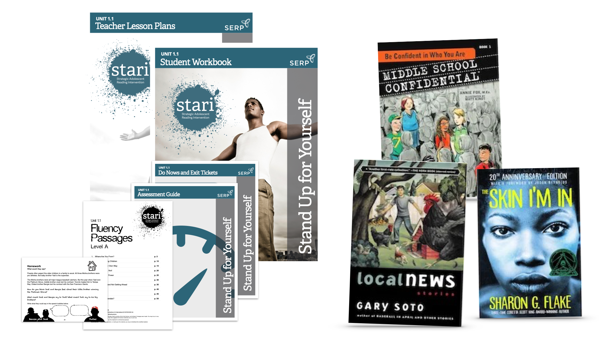 Collection of print materials: brochures, flyers, and book covers, featuring text and images in various styles.