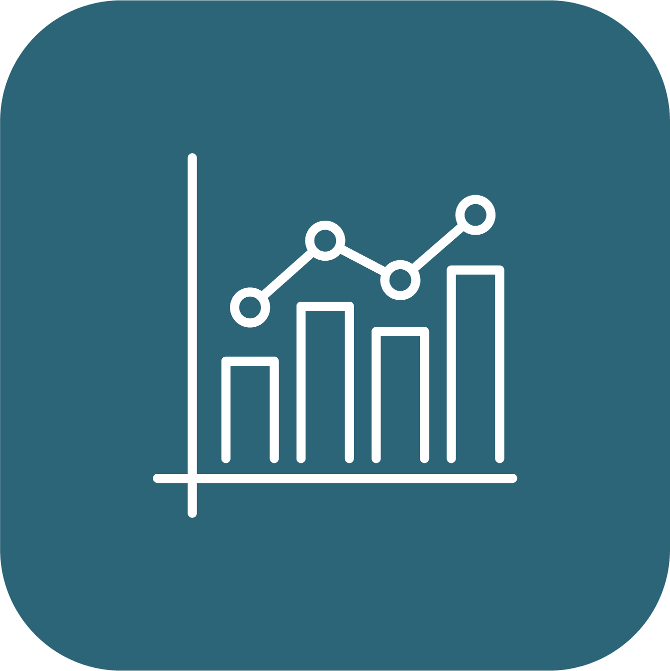 Line and bar graph showing data analysis, white on teal background.