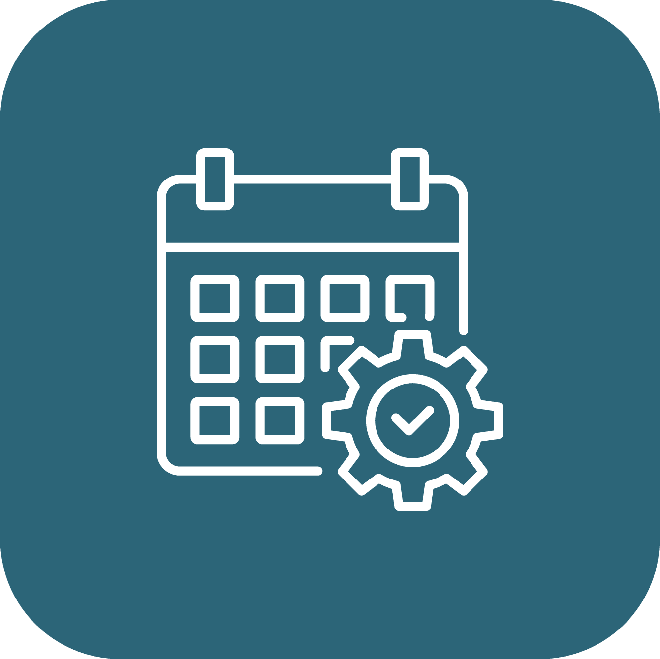 White calendar and gear icon with checkmark, on blue background.