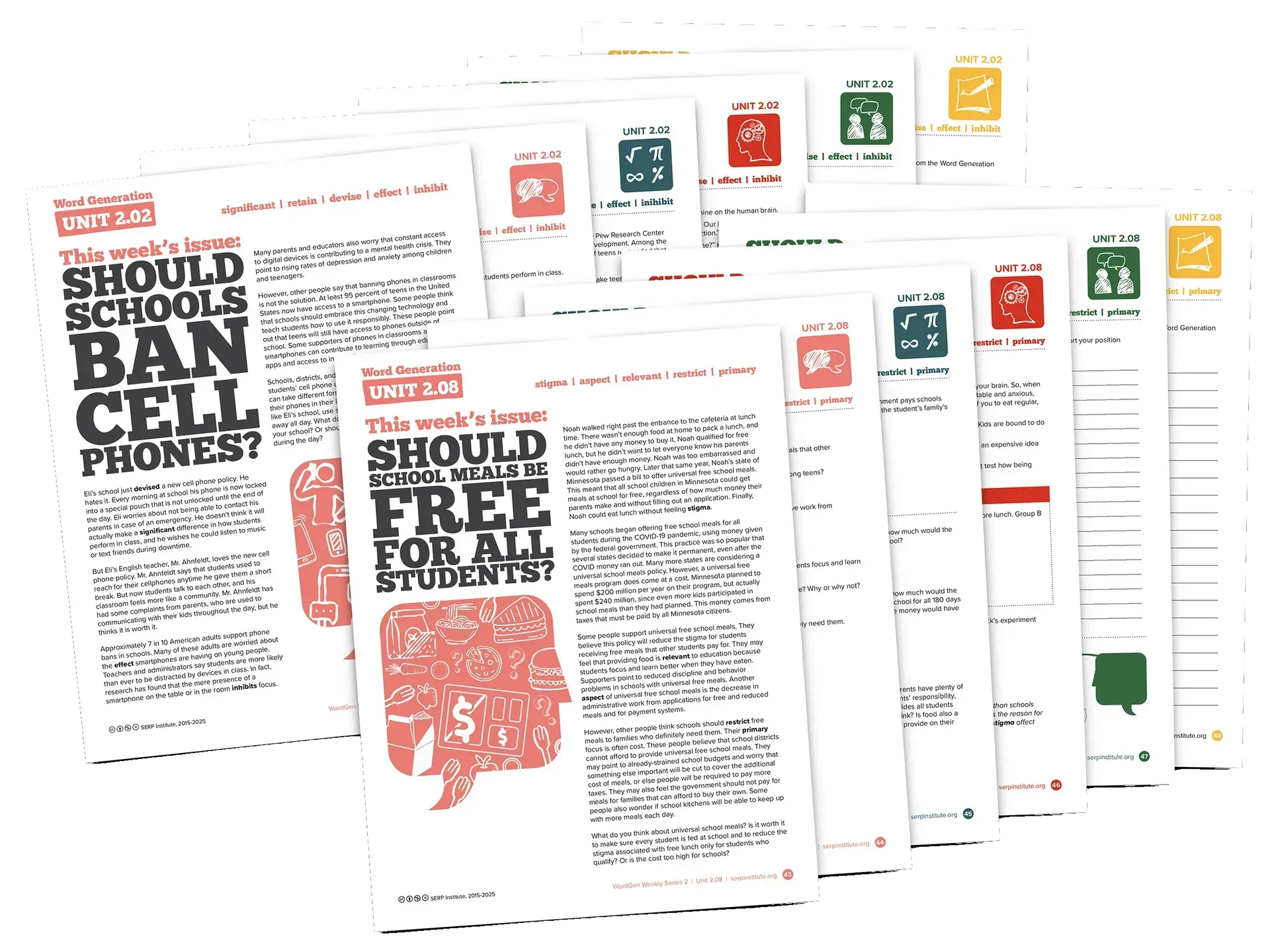 Pile of printed pages on topics like cell phones and school lunches.
